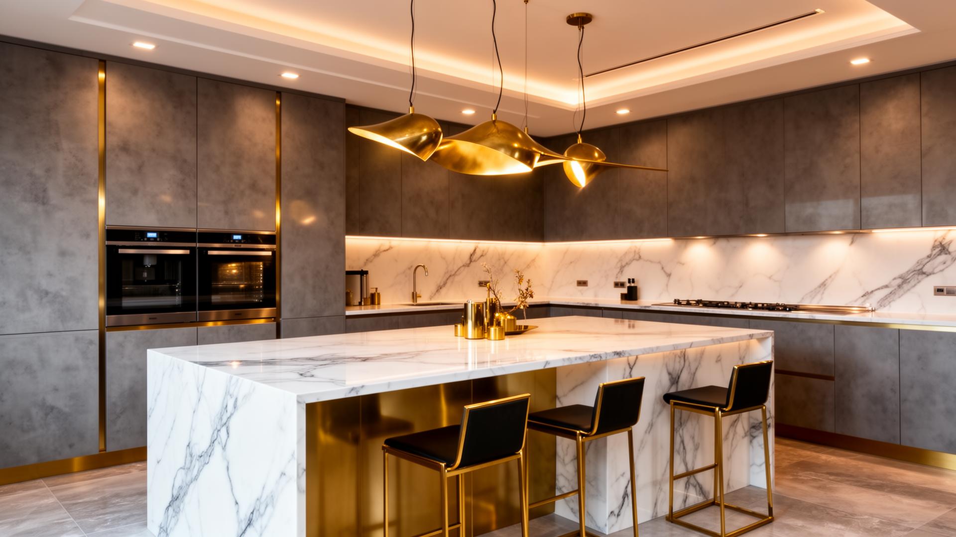 Modern luxury kitchen with custom quartz stone countertop by Faro Countertops, Langley BC